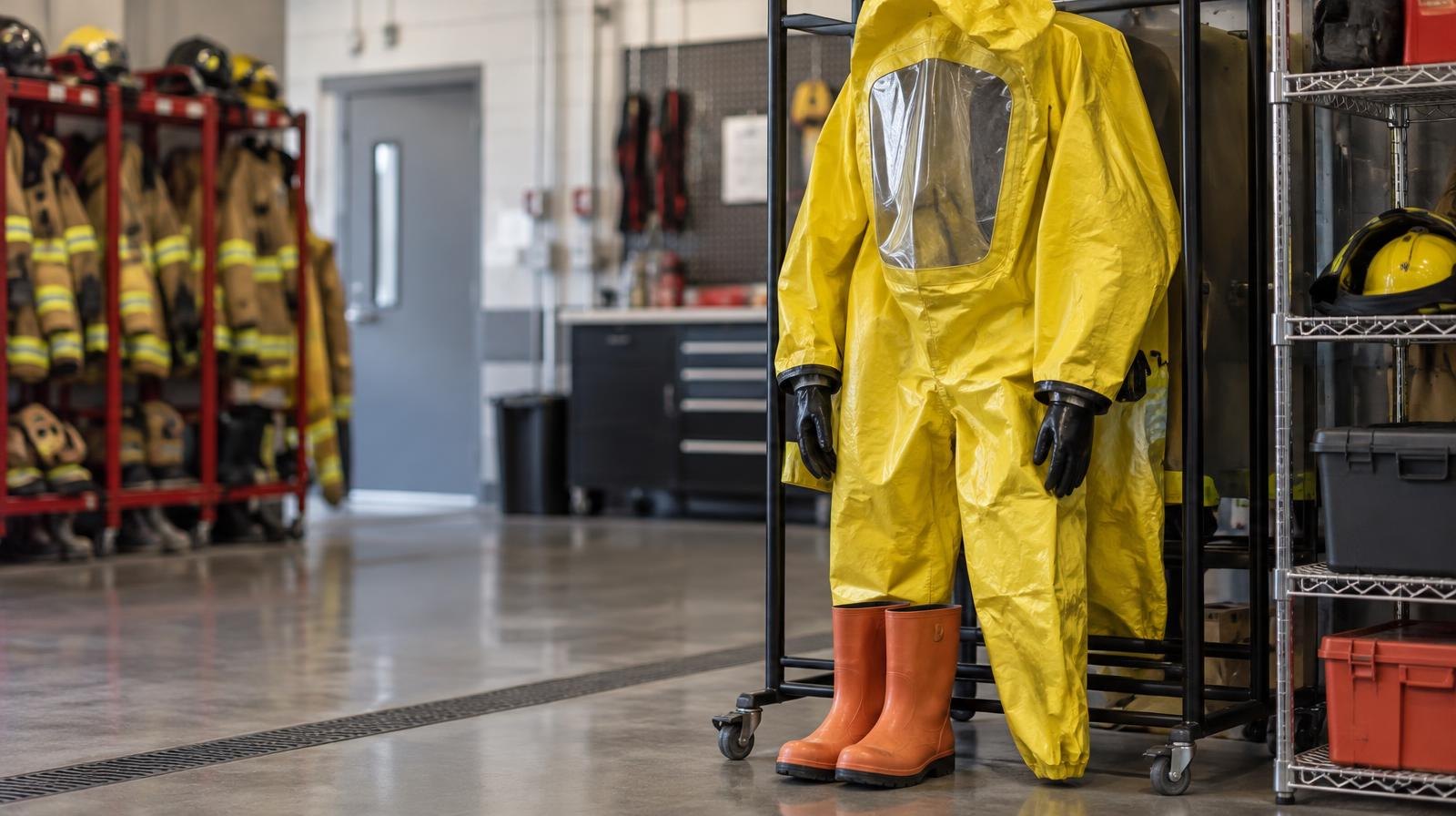 A bright yellow hazmat suit hangs on a rack with orange rubber boots placed below it.