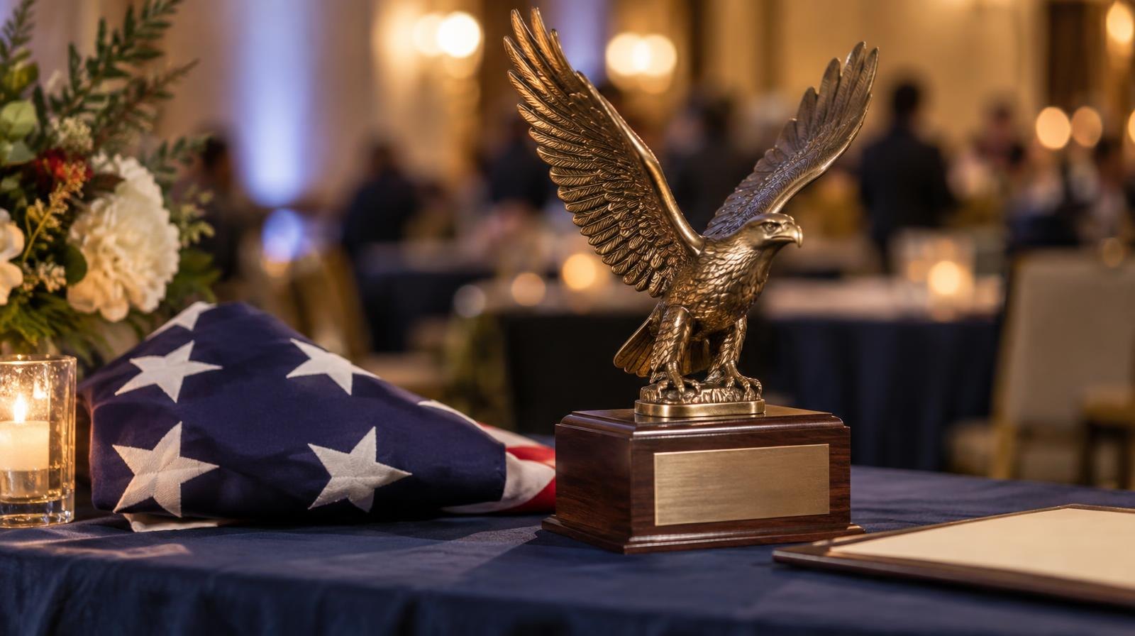 A polished trophy and folded American flag on a draped banquet table.