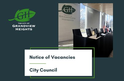 Graphic showing a council chamber and text announcing a city council vacancy notice.