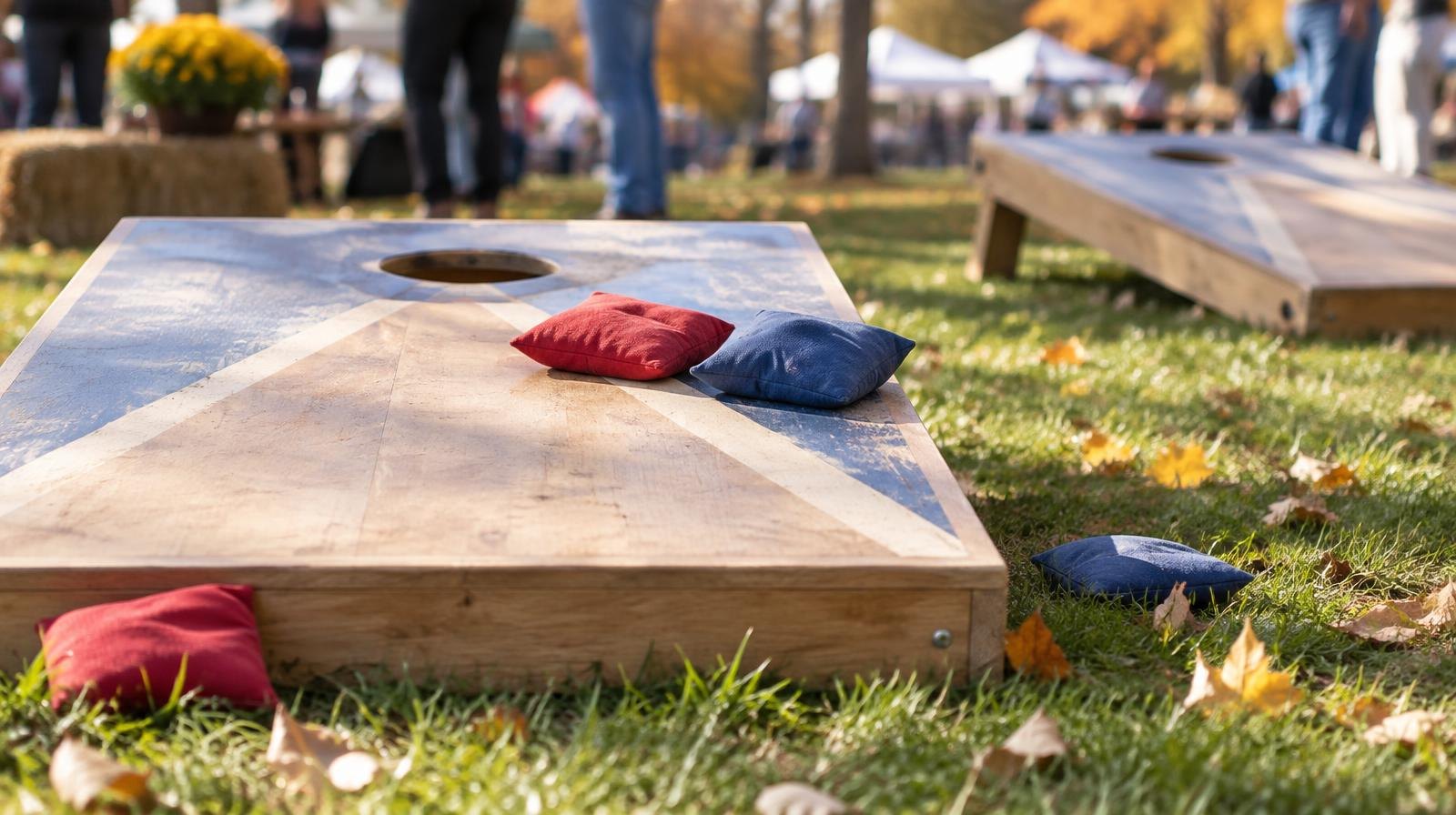 Two wooden cornhole boards with bean bags on a sunny green lawn.