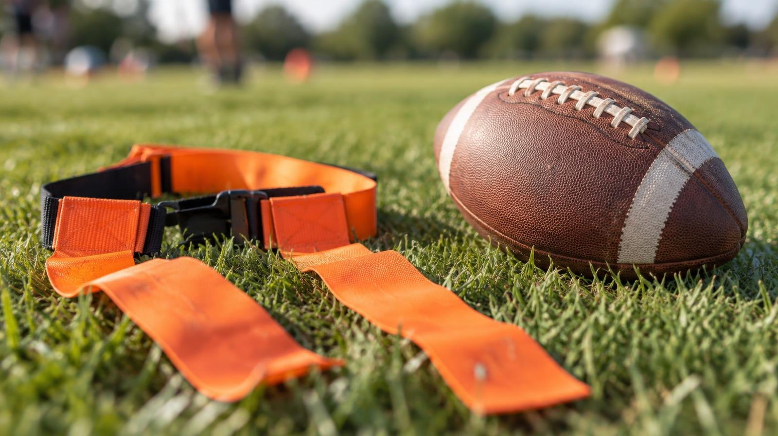 An orange flag football belt lying on green grass beside a football.