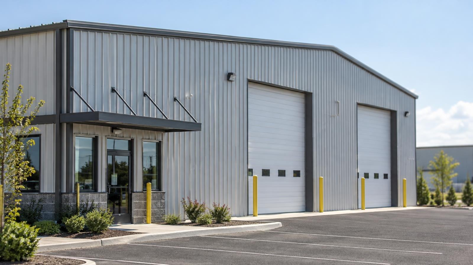 Metal prefabricated industrial building with corrugated wall panels and a parking lot.