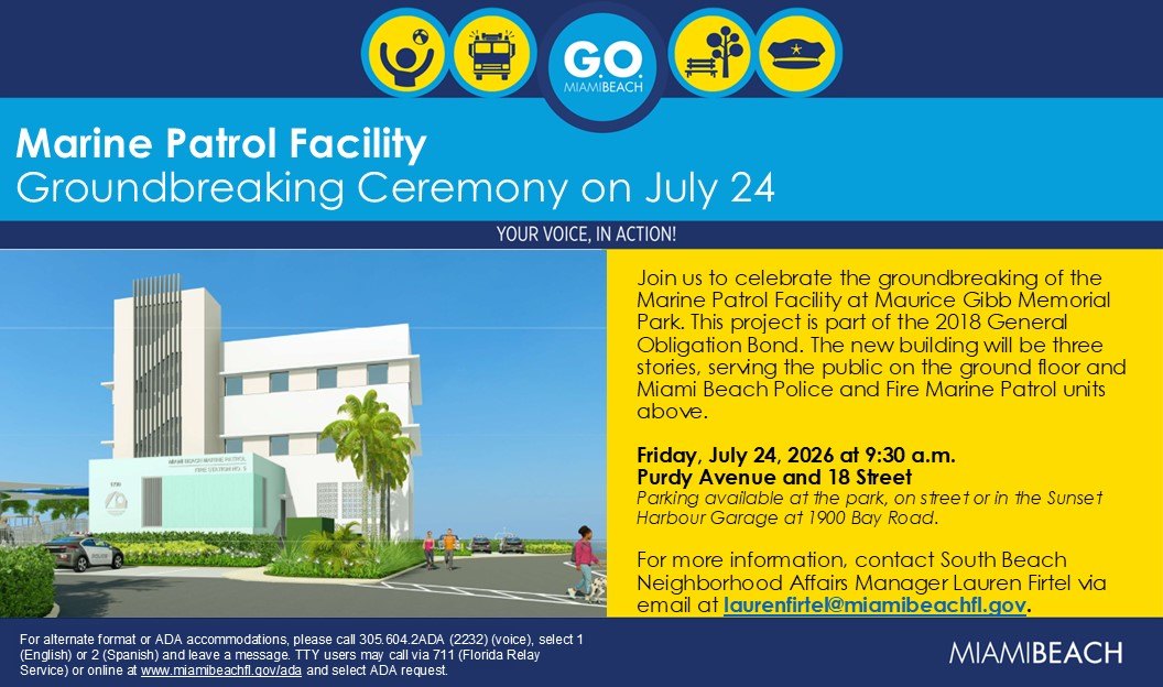 Official flyer showing a rendering of a three-story marine patrol facility building.