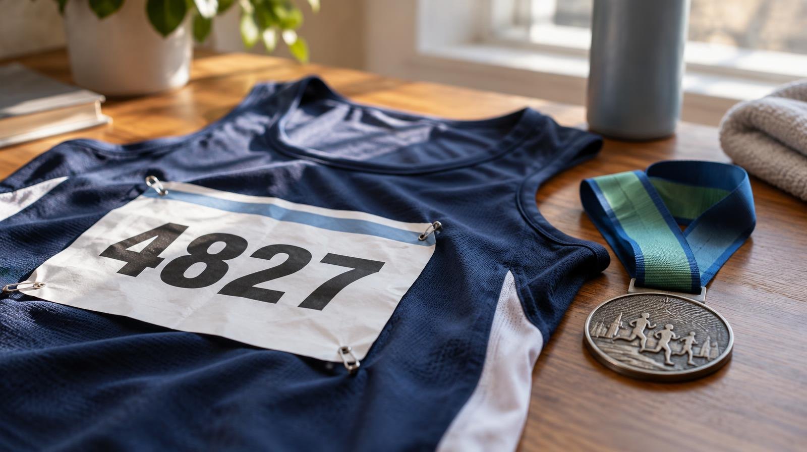 A race bib pinned to a singlet lies beside a finisher's medal on a wooden surface.