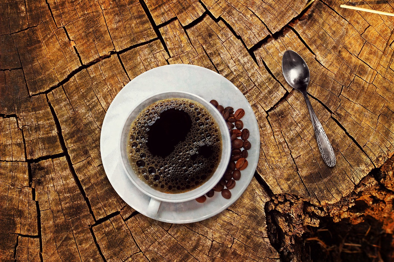 Coffee, coffee cup, cup, drink, beans, coffee beans, wooden table, still life, cafe, aroma, coffee break, black coffee,