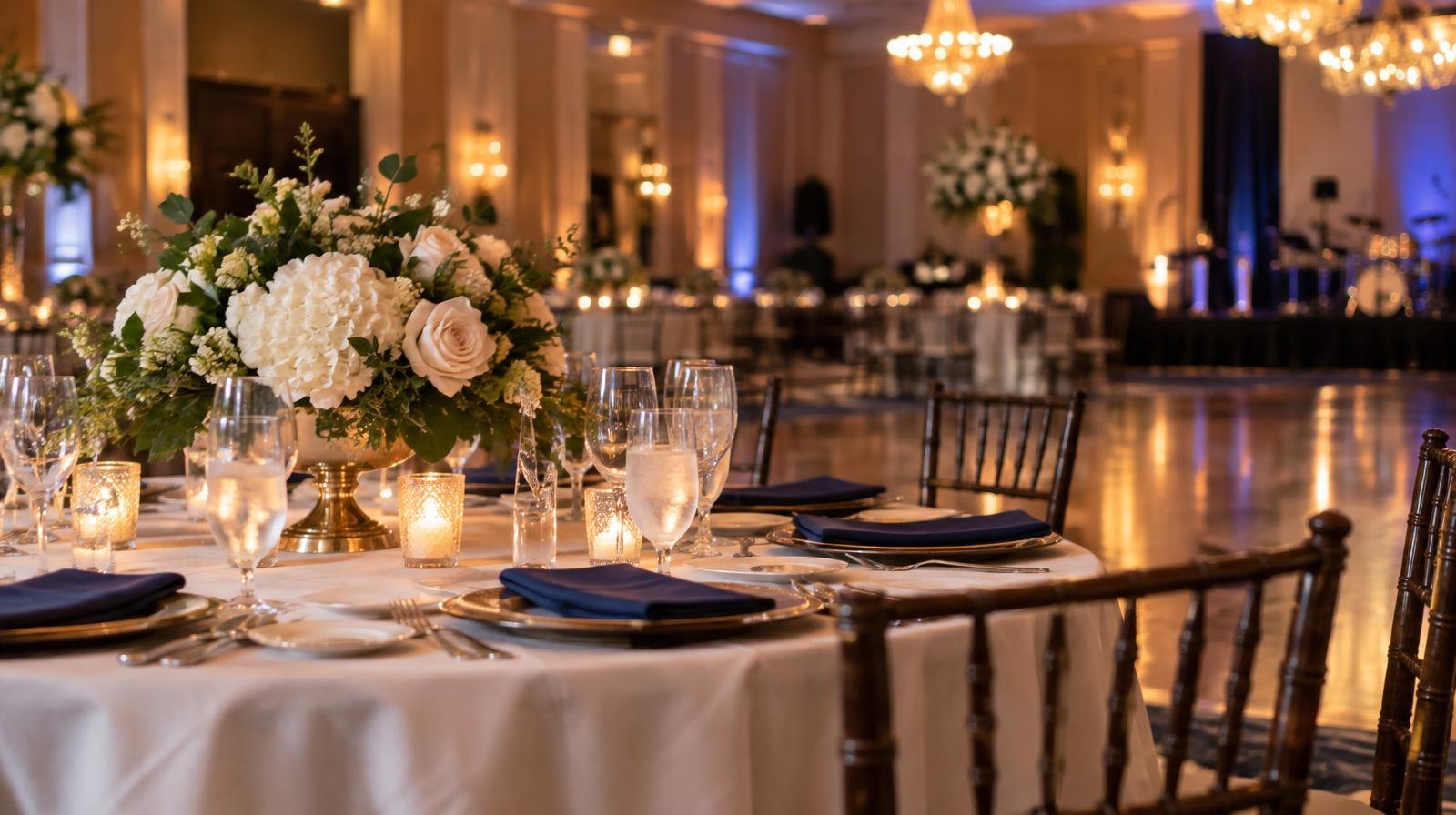A large ballroom with round banquet tables, a dance floor, and chandelier lighting.