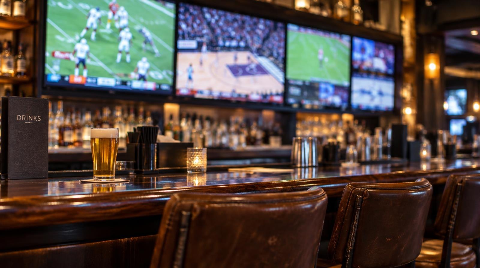 Large video wall above a bar counter with stools in a sports bar.