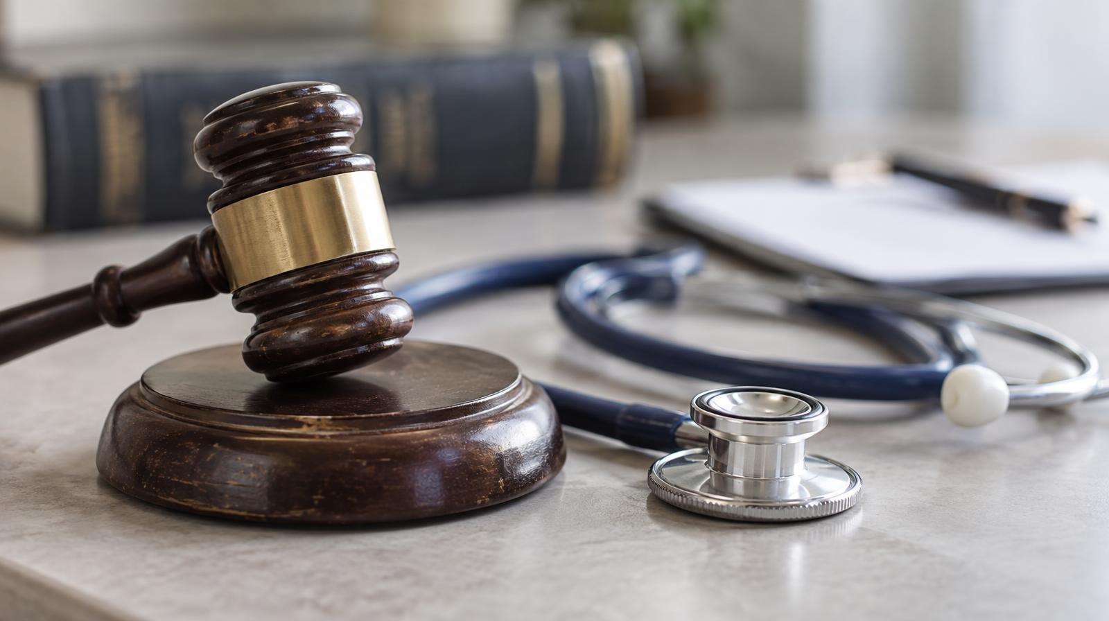 A wooden gavel on its sound block beside a stethoscope on a neutral surface.