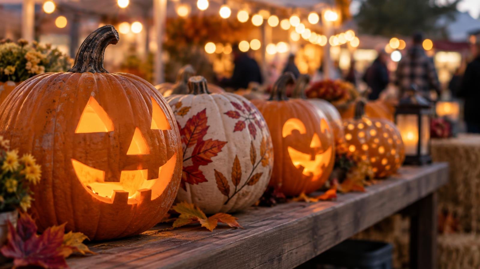 Carved and painted pumpkins glowing on a wooden table under warm string lights.
