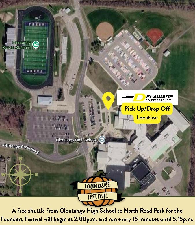 Satellite map of a high school campus with a yellow pin marking a shuttle pick-up location.