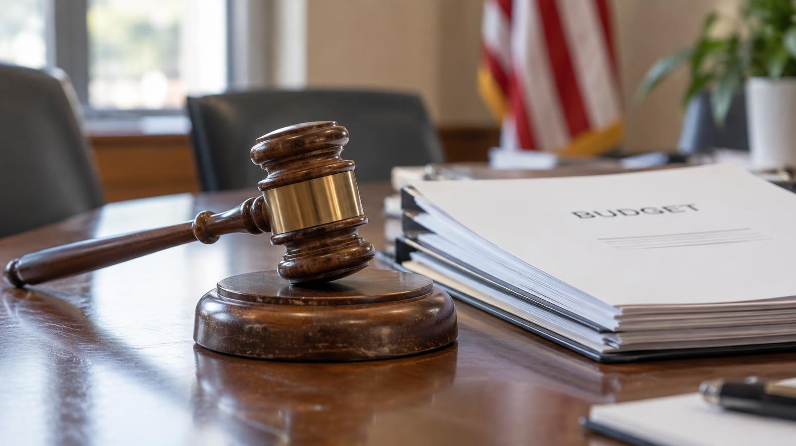 Wooden gavel on its sound block next to stacked documents on a polished table.