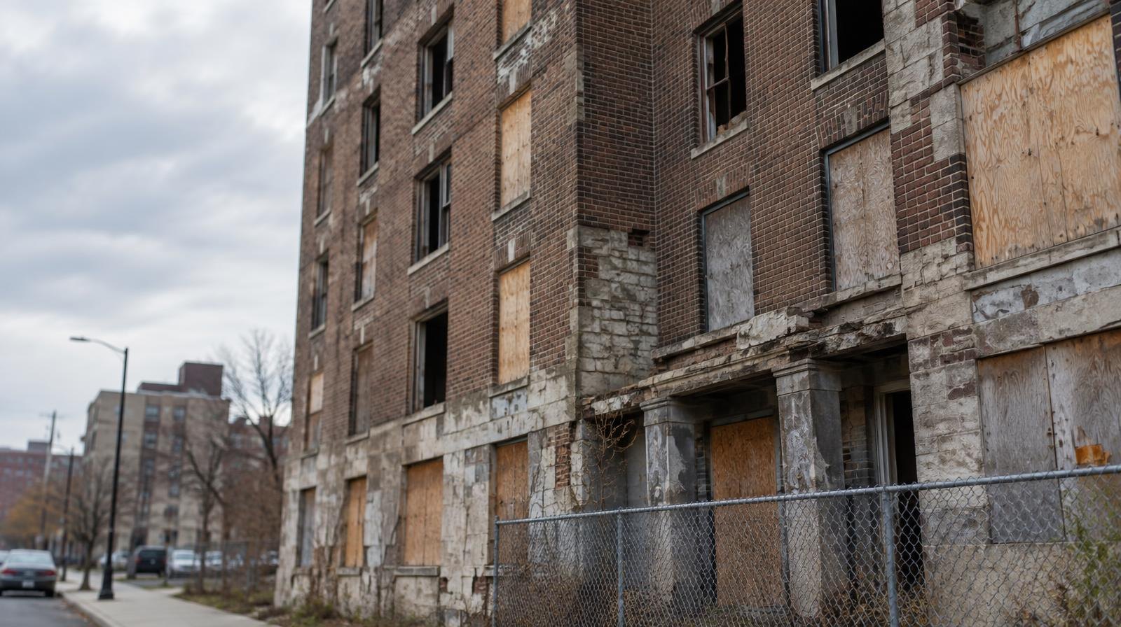 Boarded-up windows on a deteriorating multi-story brick building.