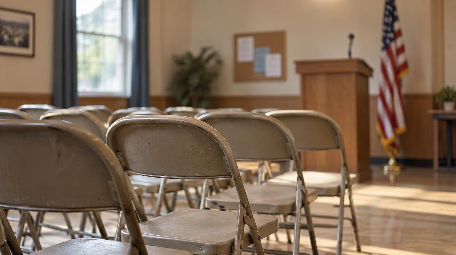 Rows of empty folding chairs face a podium with an American flag nearby.