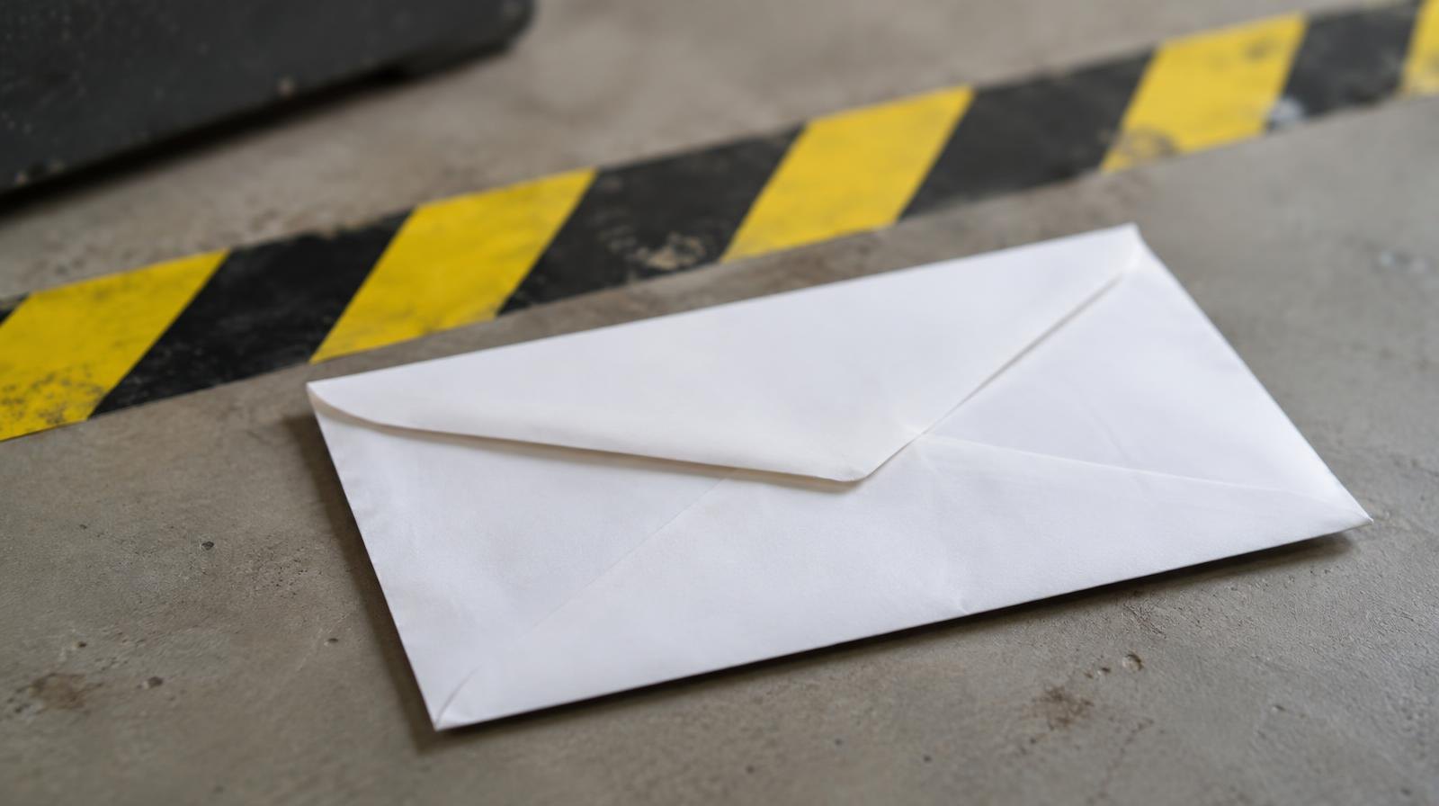 A sealed white envelope lying next to yellow hazard tape on a flat surface.