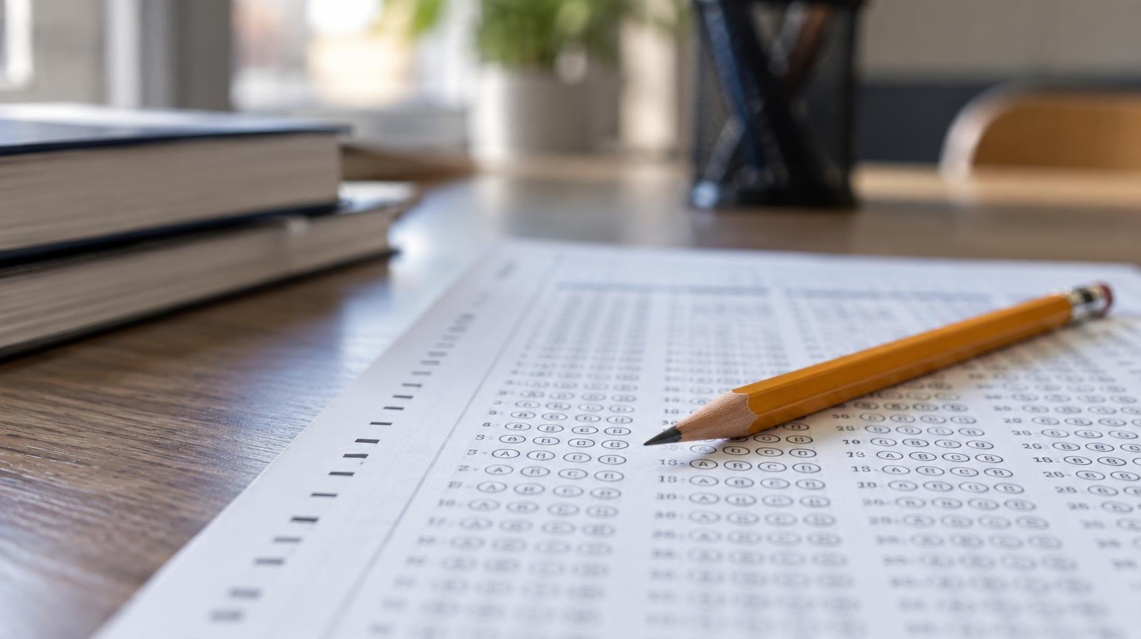 A sharpened pencil resting on a bubble-sheet answer form on a wooden desk.