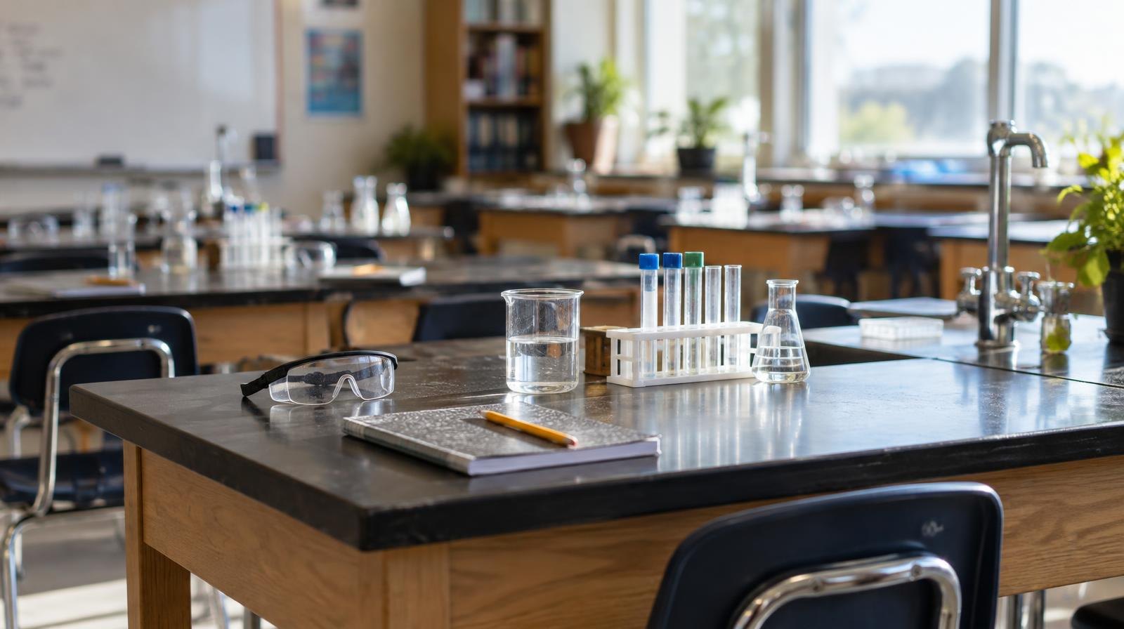 Rows of empty student desks with lab equipment in a sunlit science classroom.