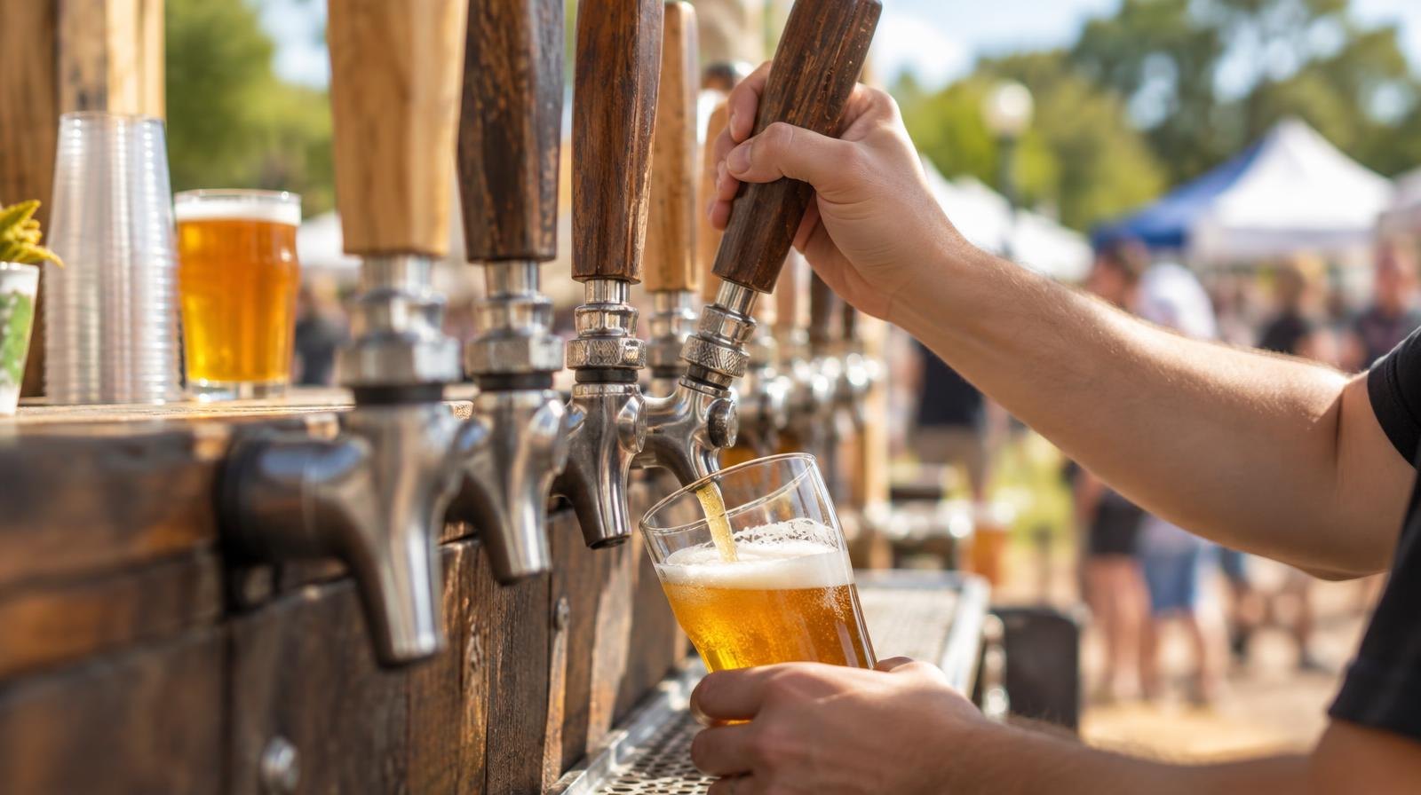 Row of craft beer tap handles on a wooden bar outdoors.