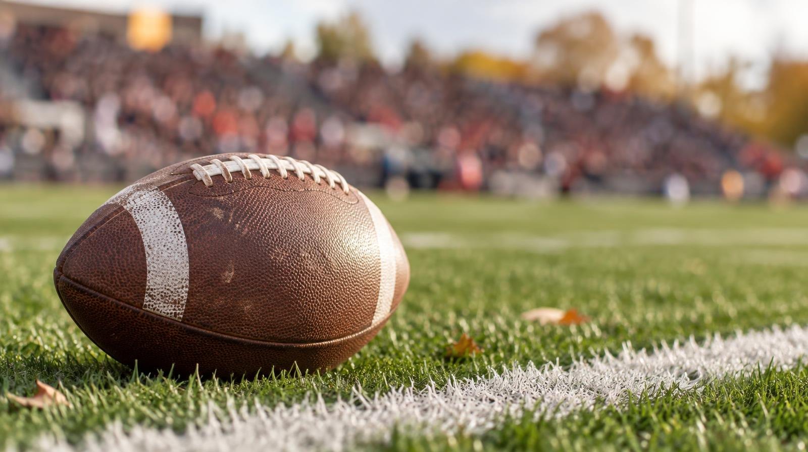A football resting on green turf beside a painted white yard line.