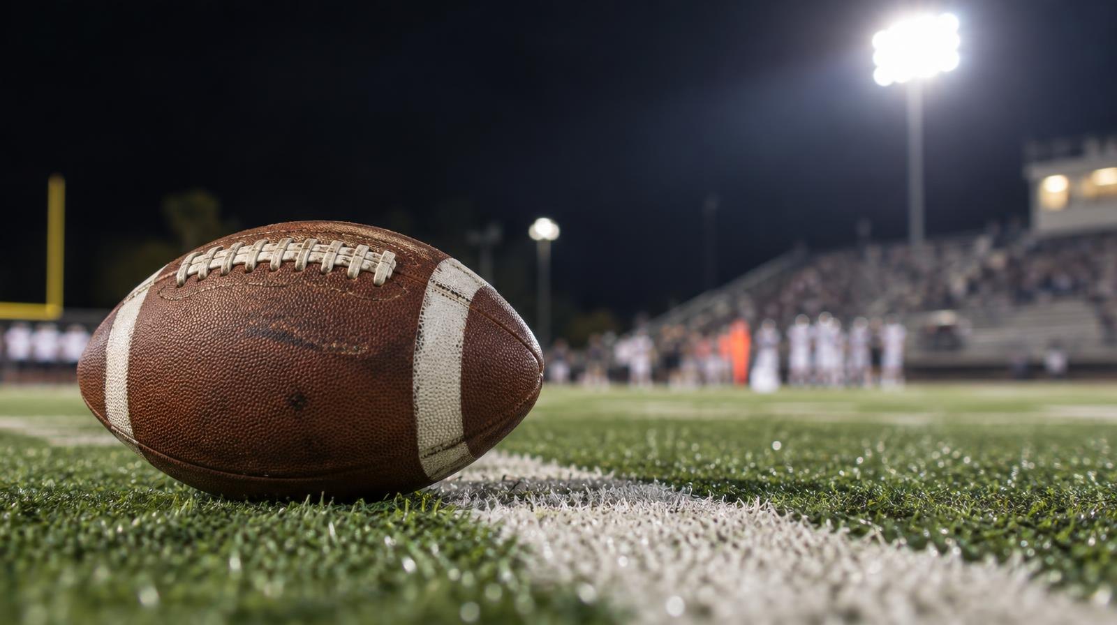 An American football on green artificial turf beside a white yard line under bright lights.