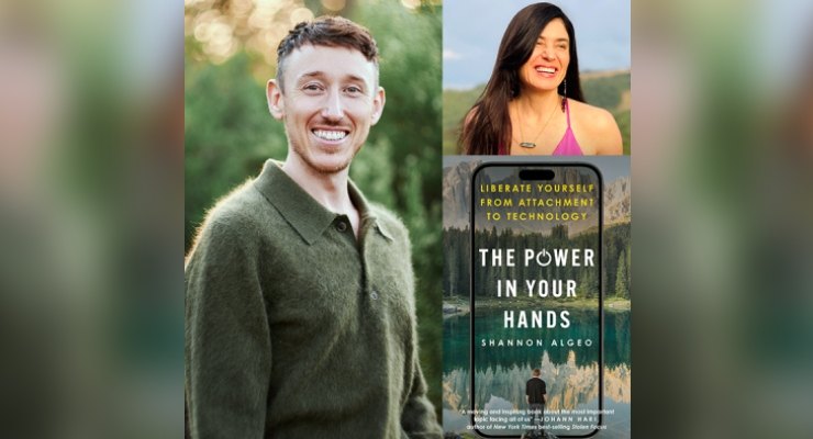 A man in a green sweater smiling outdoors alongside a book cover displayed on a phone-shaped mockup.