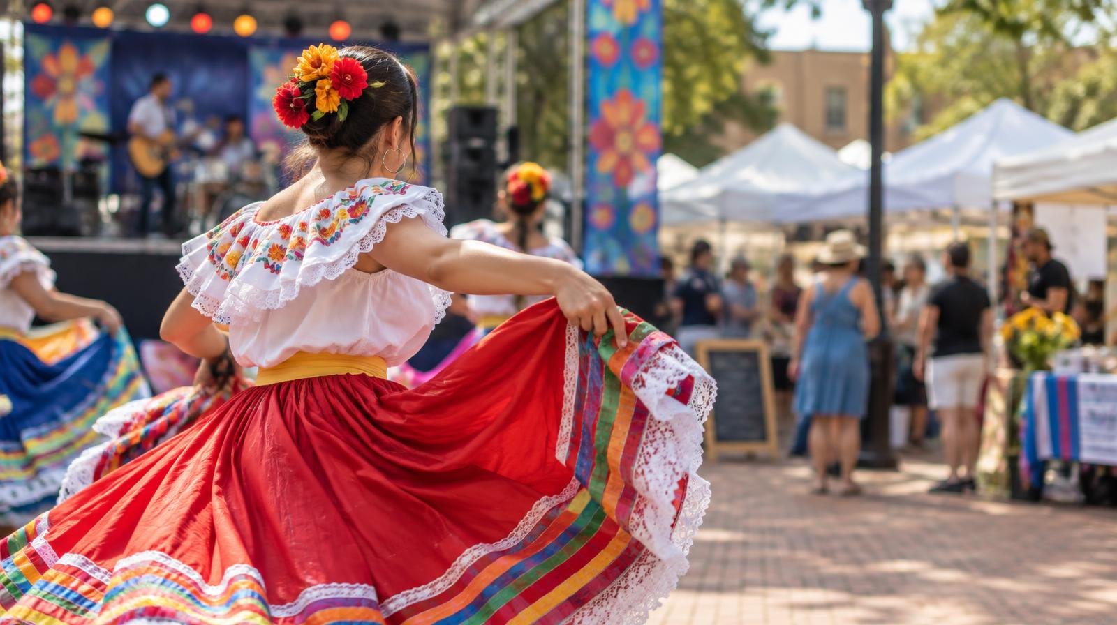 Colorful outdoor festival with a stage, banners, and vendor tents on a sunny brick plaza.