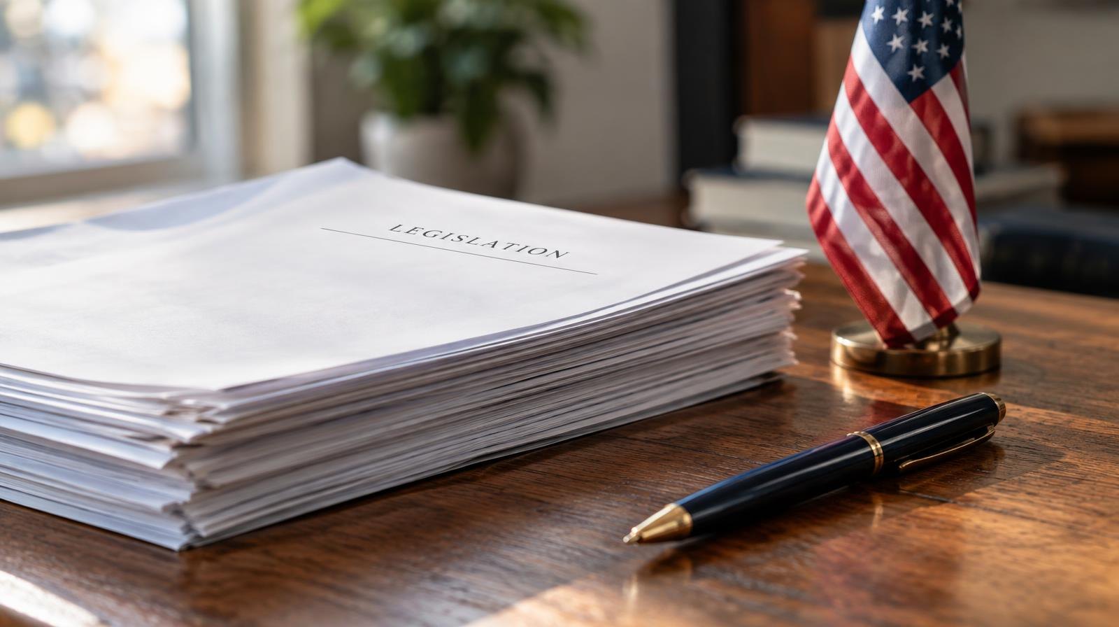 A stack of papers and a pen on a wooden desk next to a small American flag.