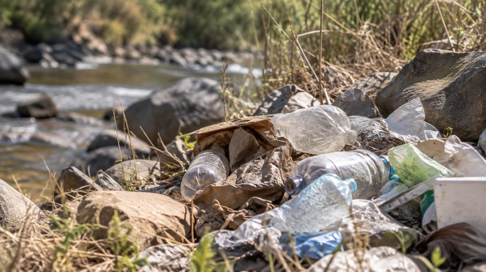 Pile of plastic bottles and litter beside a rocky creek bank with dry grass.