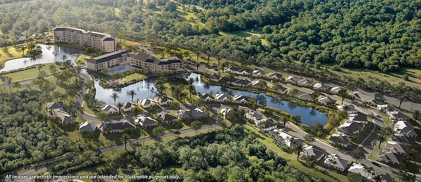 Aerial rendering of a planned residential campus with apartment buildings, cottages, and water features.
