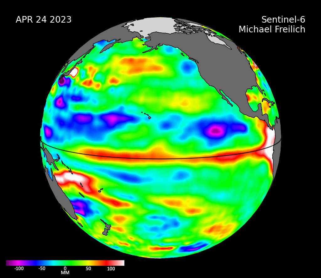 Globe map with red and white patches showing elevated sea levels along the eastern Pacific coast.