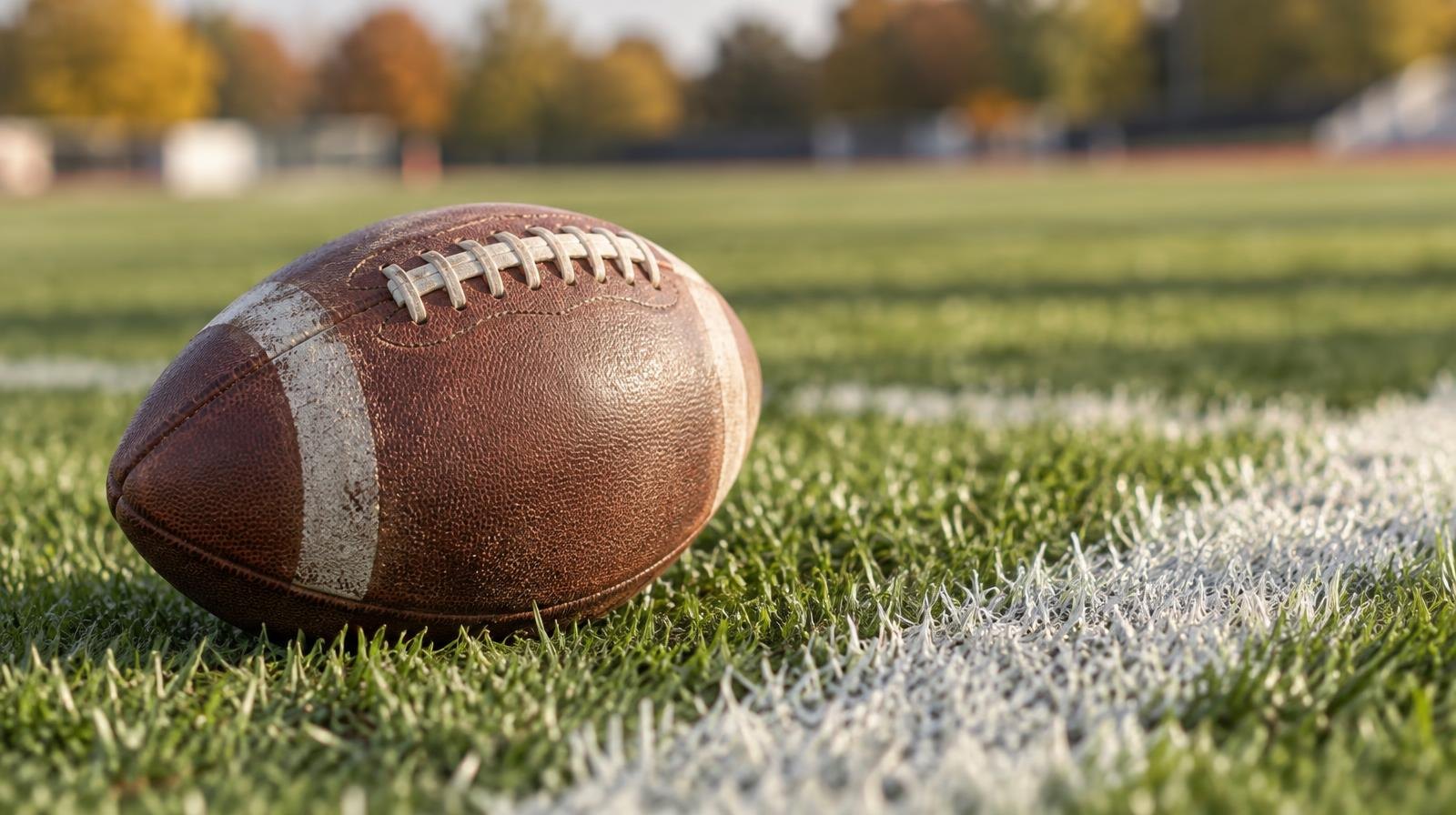 An American football resting on green grass near a white end zone line.