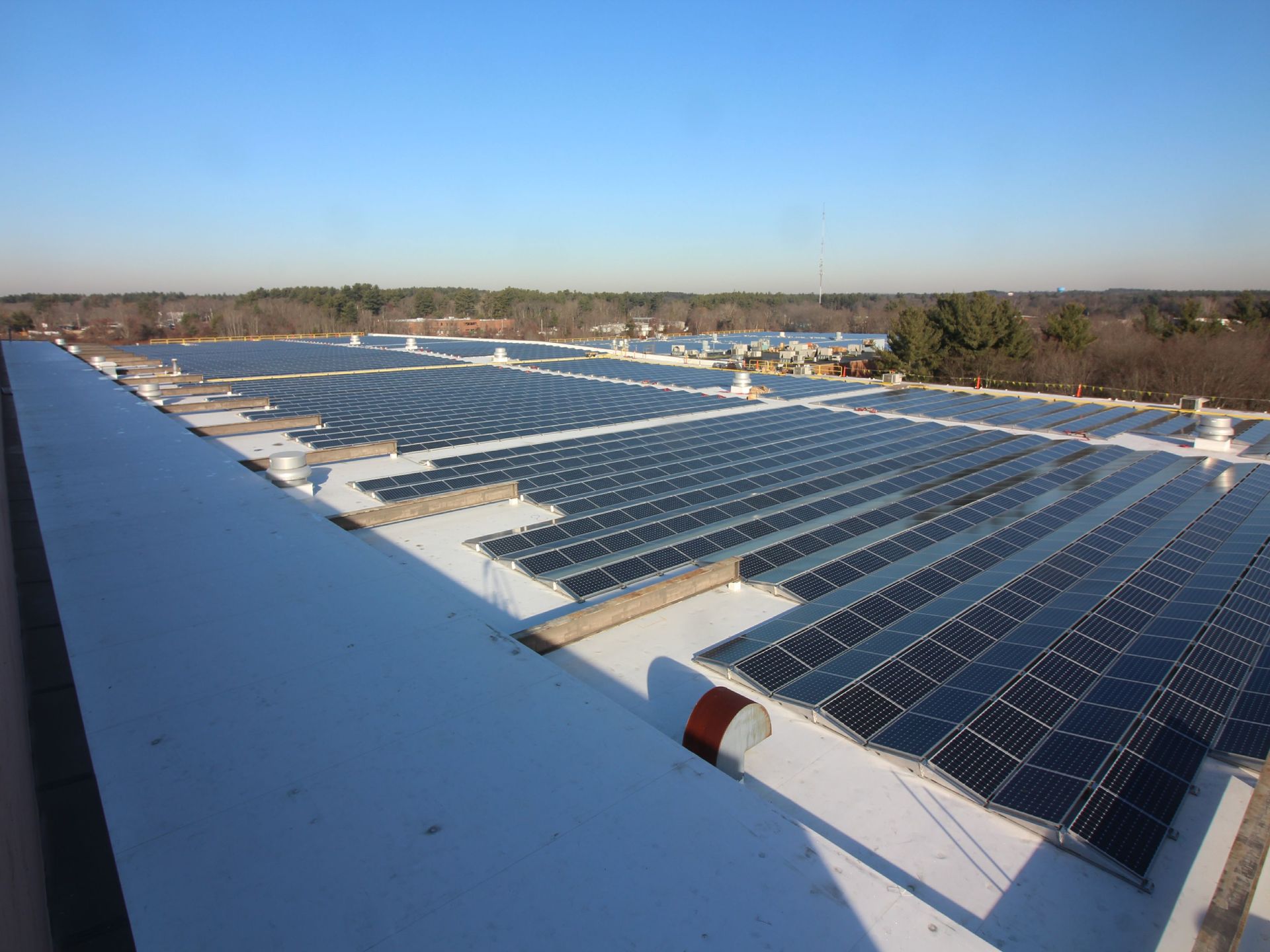 Rows of solar panels covering a flat white institutional rooftop under a clear blue sky.