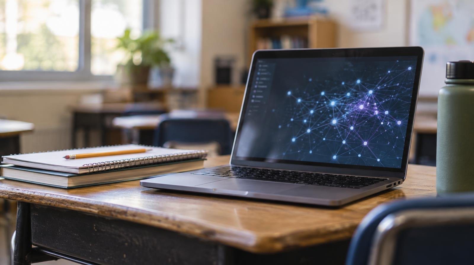 Open laptop on a school desk glowing with abstract network graphics, beside notebooks and a pencil.