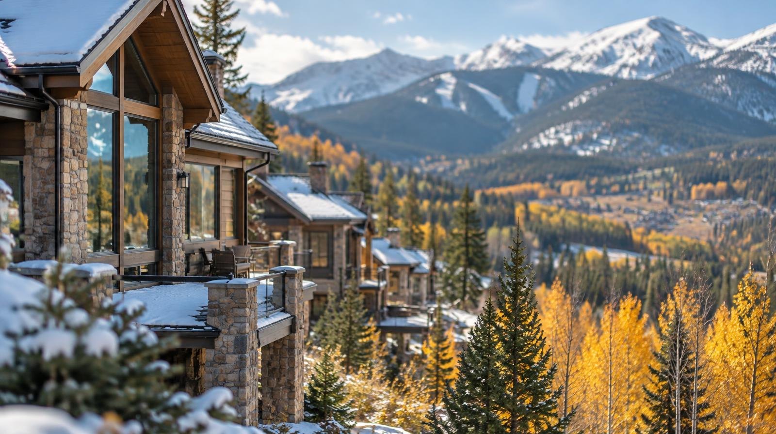 Row of luxury mountain homes with large windows overlooking a forested valley in autumn.
