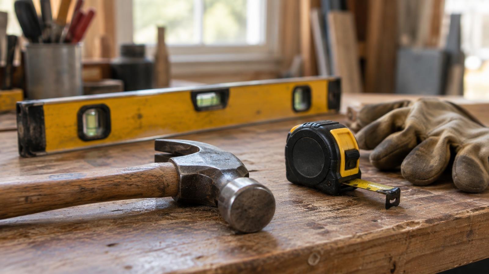 A hammer, tape measure, level, and work gloves arranged on a wooden workbench.