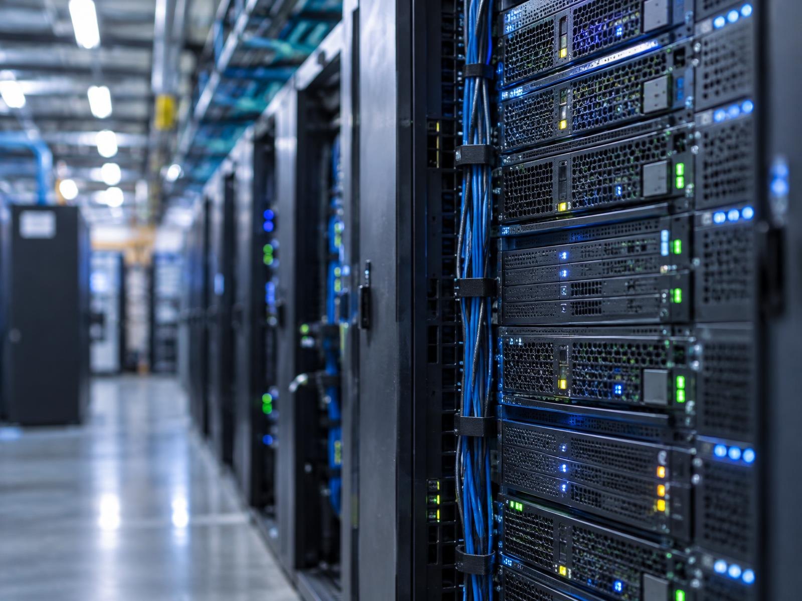 Rows of illuminated server racks with blinking lights inside a data center.