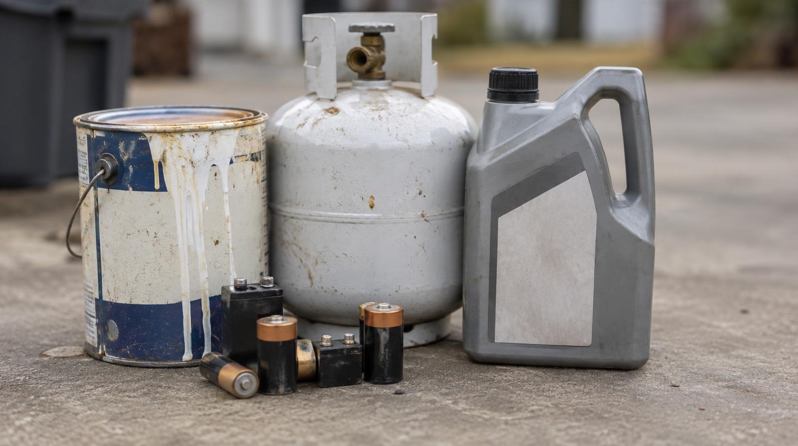 Batteries, a paint can, propane tank, and automotive fluid jug on concrete.