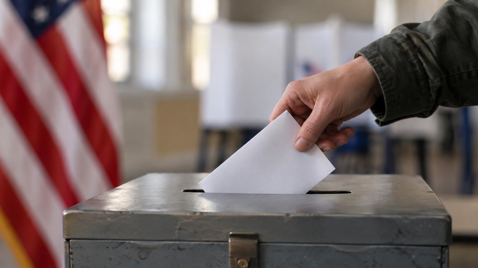A hand placing a folded paper ballot into a metal ballot box.