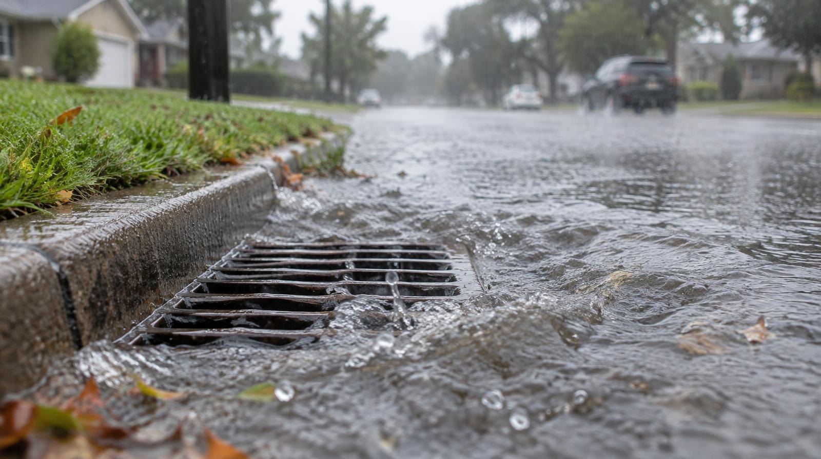 Rainwater pooling at a curb and rushing into a street drain during a heavy downpour.