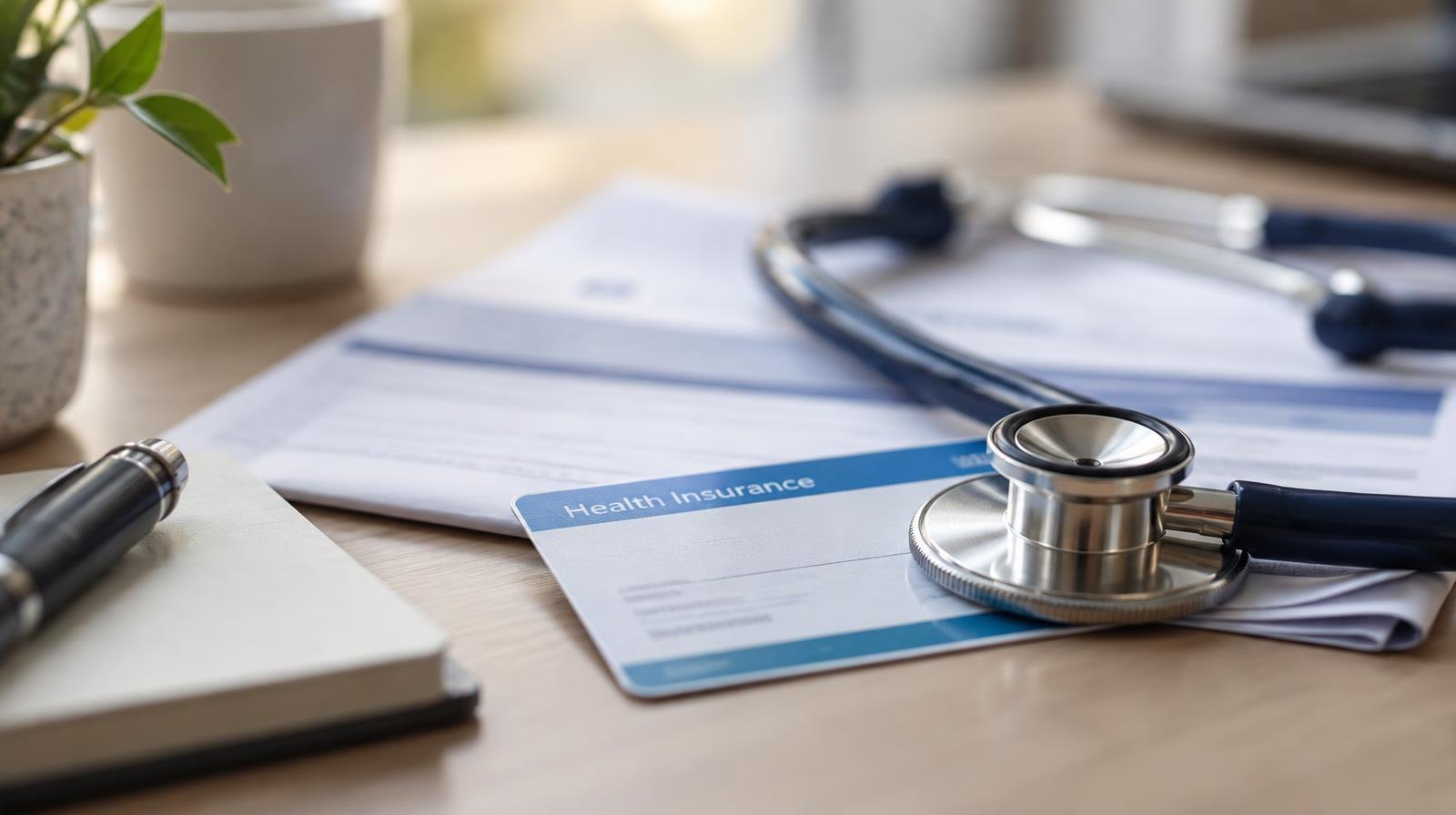 A stethoscope resting on a health insurance card and folded document on a desk.