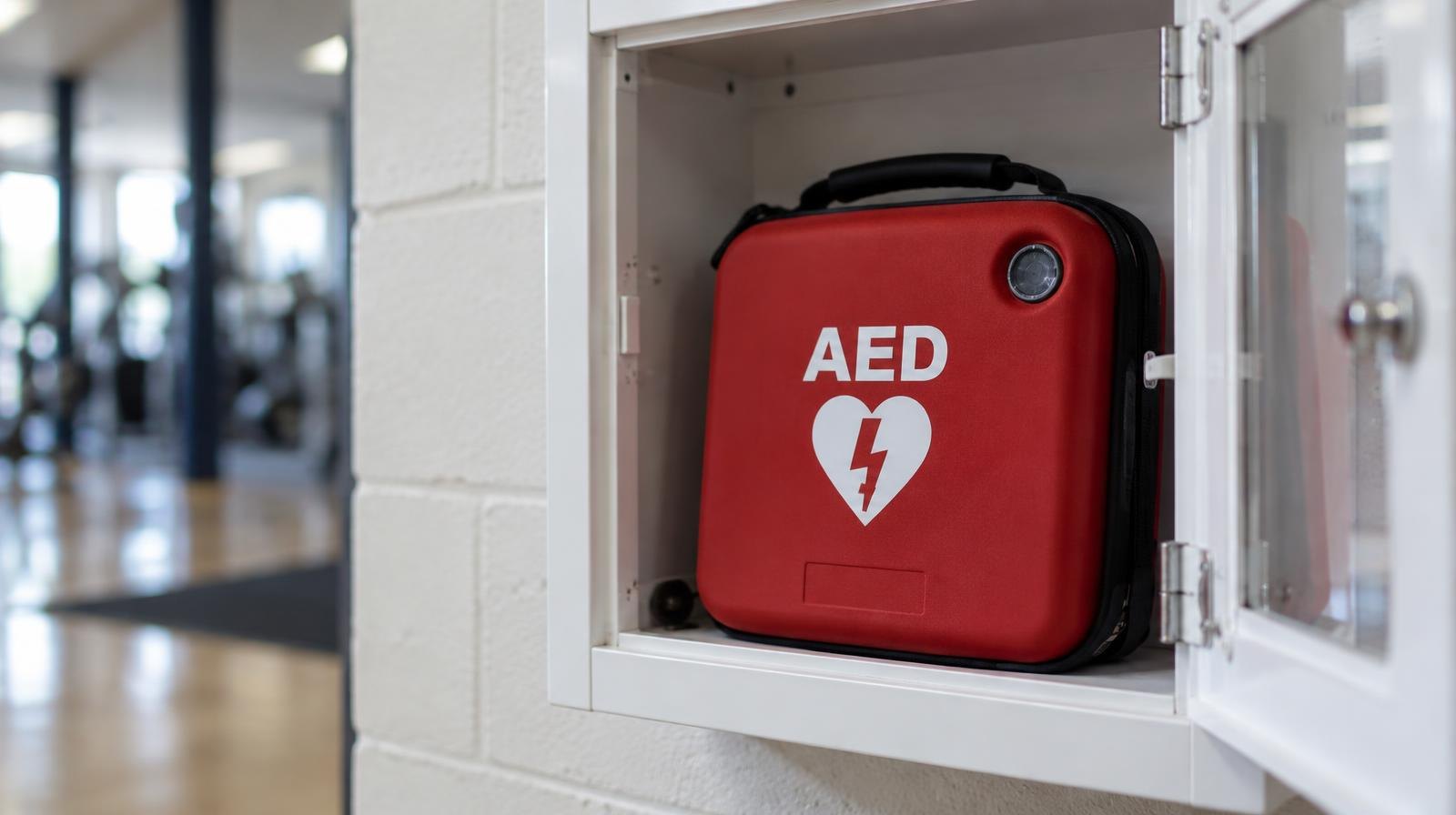 AED device mounted in an open white wall cabinet in a hallway.