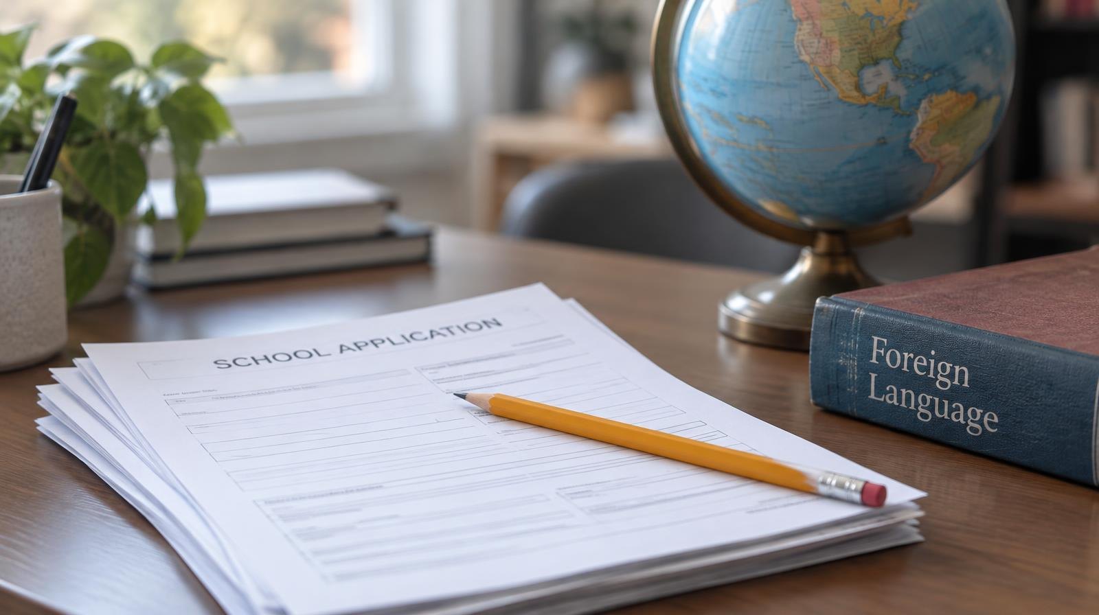 School application papers, a pencil, a globe, and a language textbook on a desk.