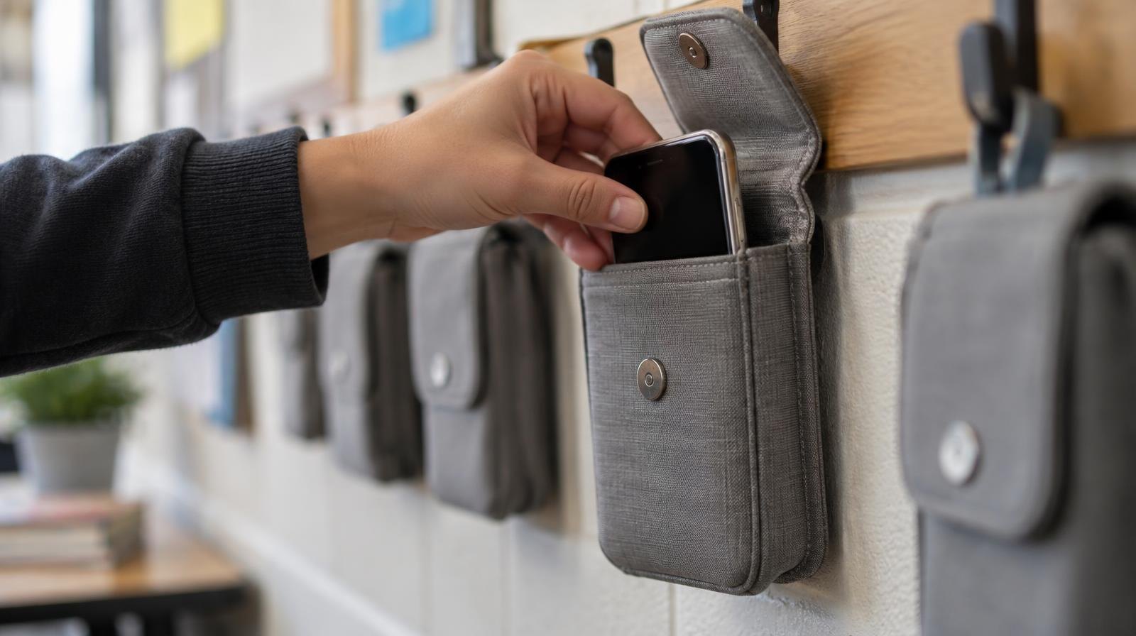 A row of rectangular cell phone storage pouches with magnetic locks mounted on a wall.
