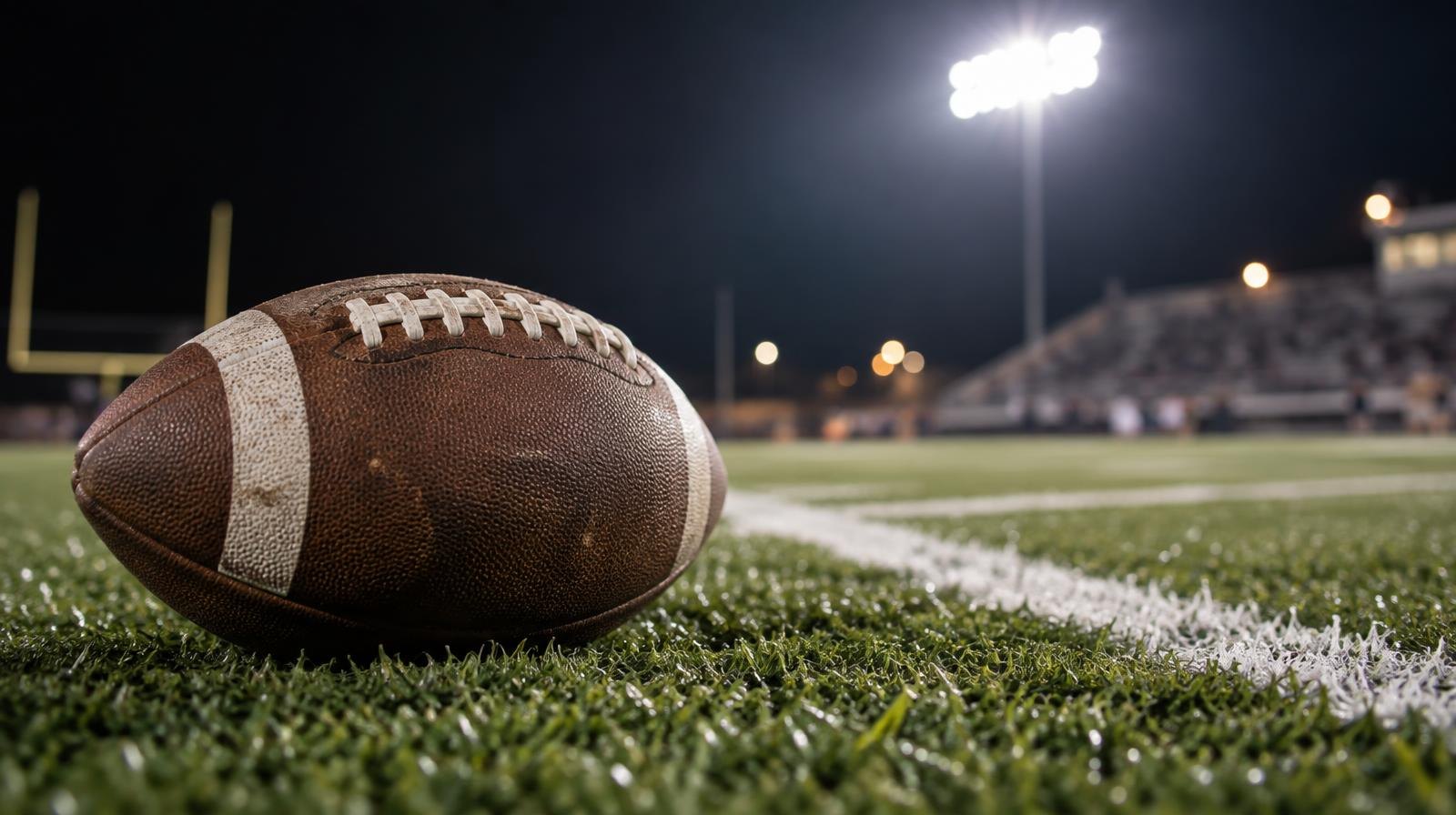 An American football on green turf beside a white yard line under stadium lights at night.