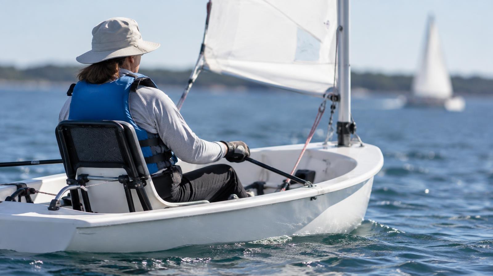 Small white adaptive sailboat with rigid seat floating on calm blue water.
