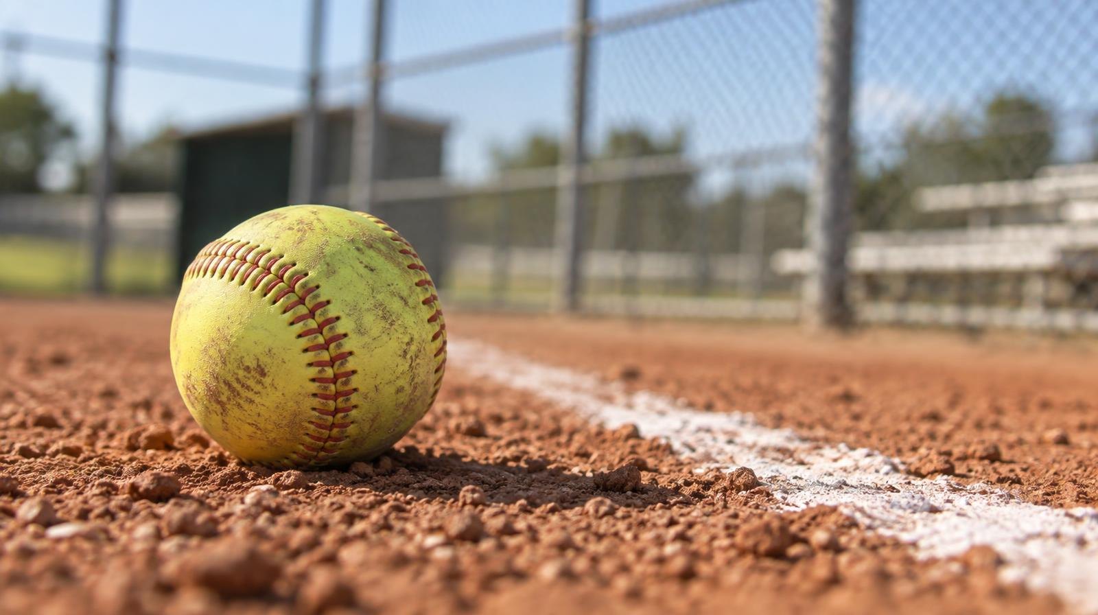 A worn softball resting on red clay dirt beside a white chalk line.