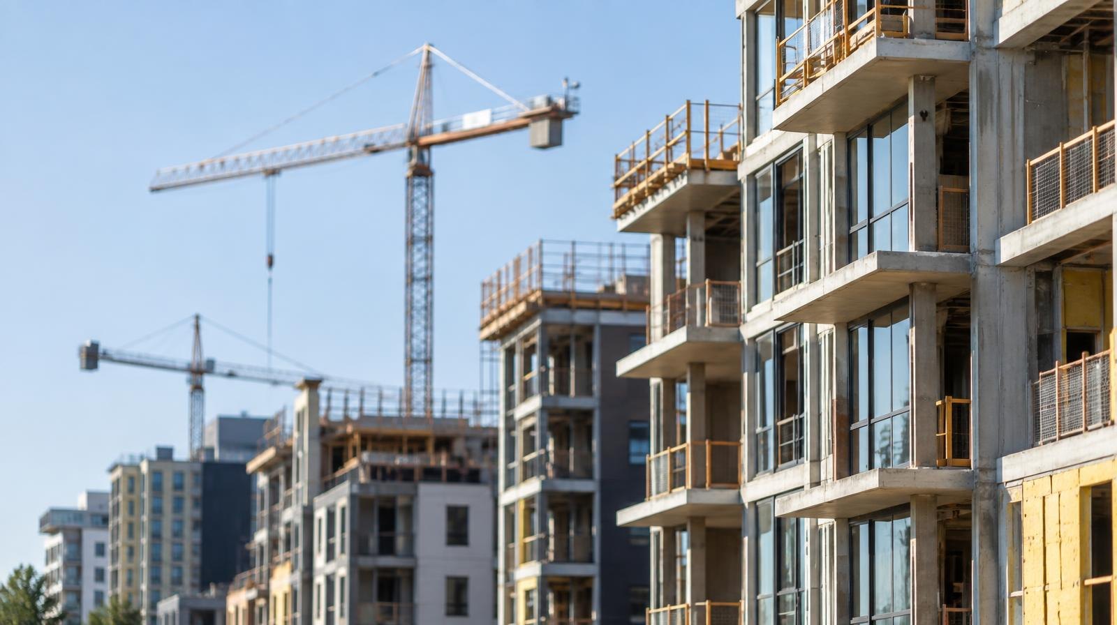 Mid-rise apartment buildings under construction with cranes against a blue sky.