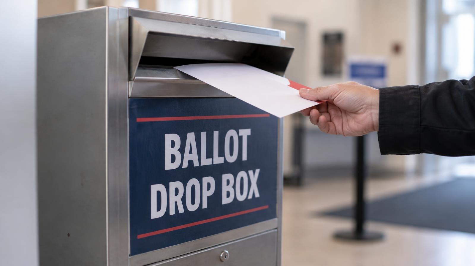 A secure ballot drop box with a mail envelope being inserted into the slot.