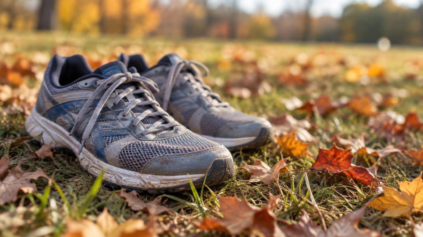 A pair of running shoes on a grassy course surrounded by fallen autumn leaves.