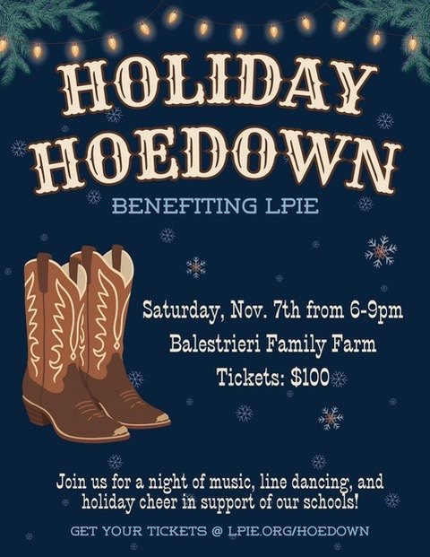 Event flyer for Holiday Hoedown showing cowboy boots and string lights on a dark blue background.