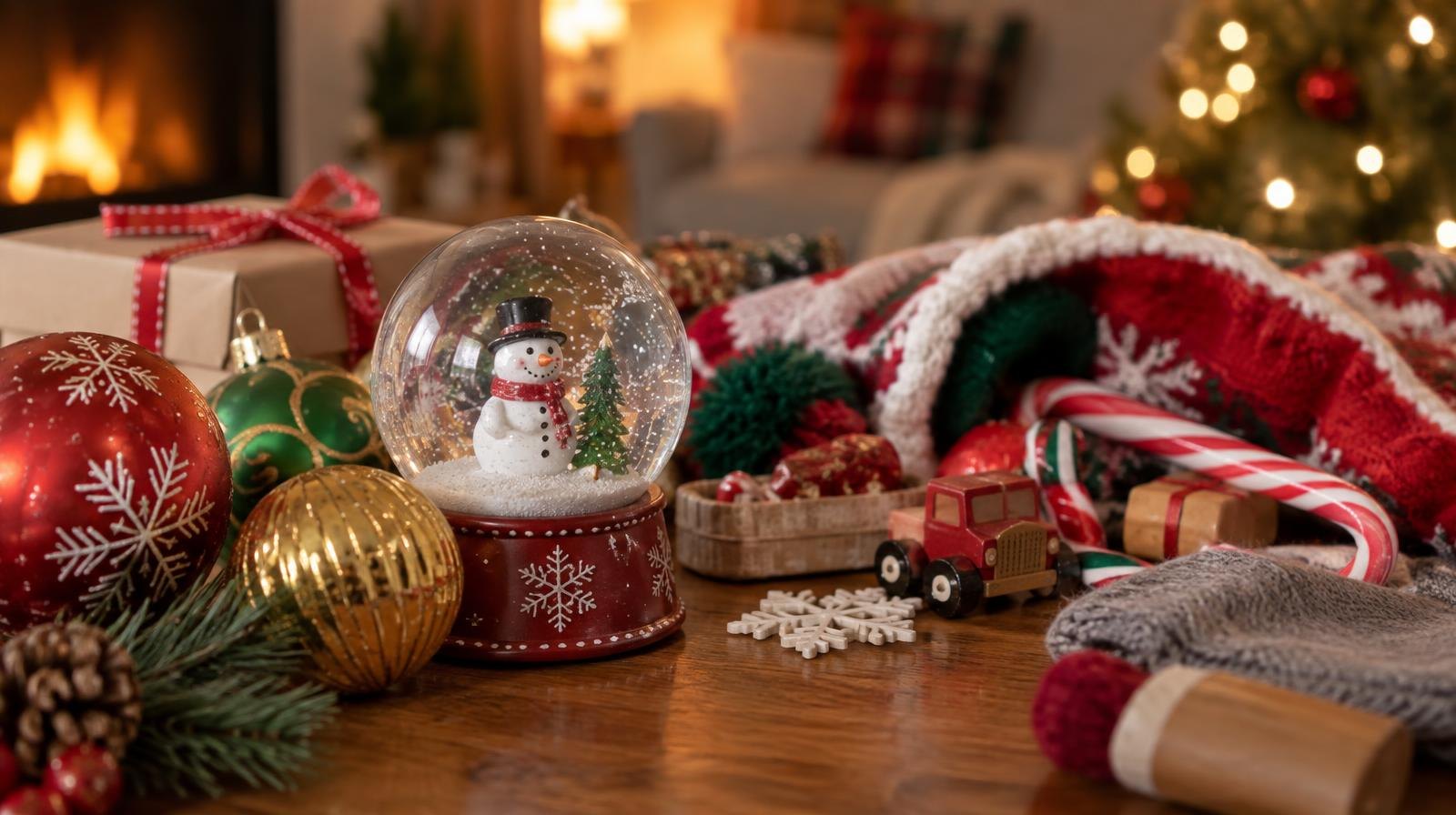 Colorful Christmas ornaments, a snow globe, and holiday stocking stuffers on a wooden surface.